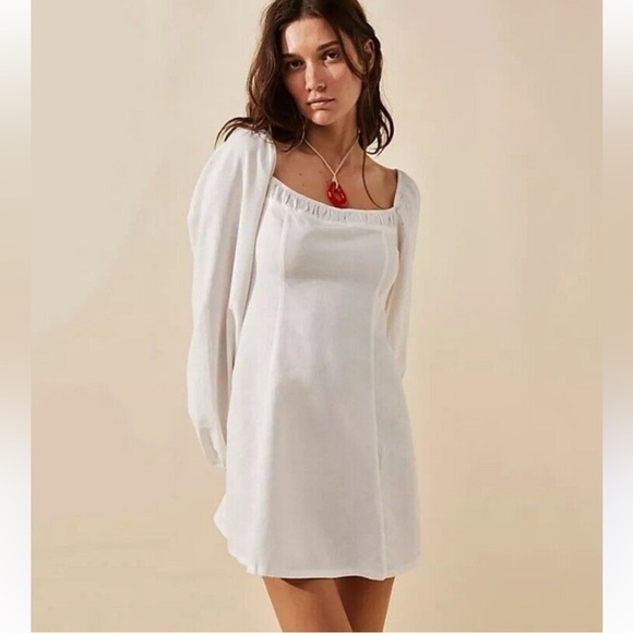 NWOT Free People A-line Linen Mini Dress Long Balloon Sleeve White - Picture 1 of 7